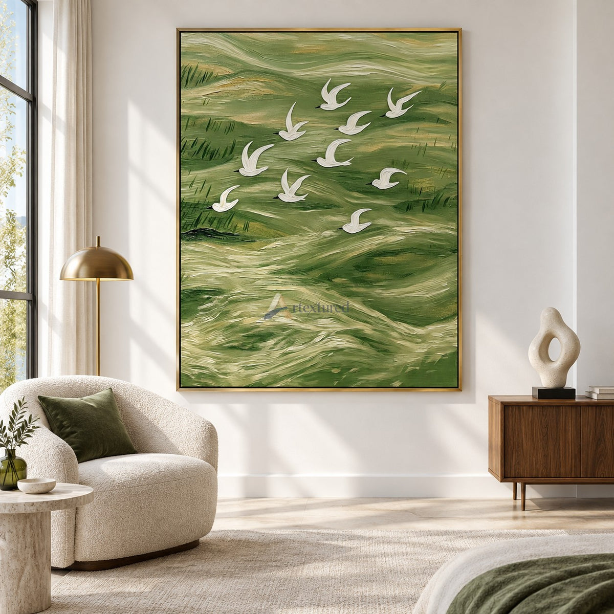 Flight Over Emerald Waters — Green Textured Flying Birds Wall Art#CI260587