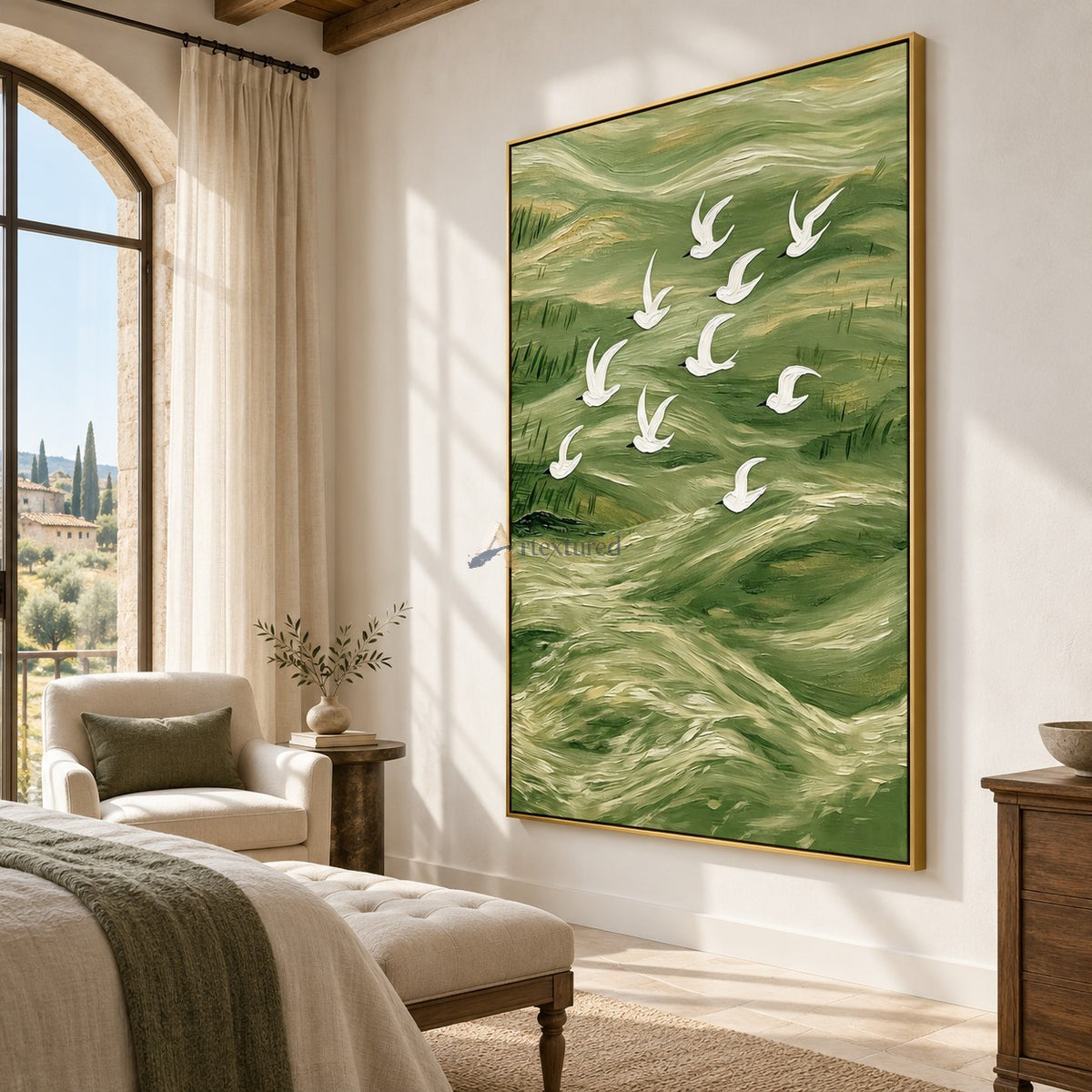 Flight Over Emerald Waters — Green Textured Flying Birds Wall Art#CI260587