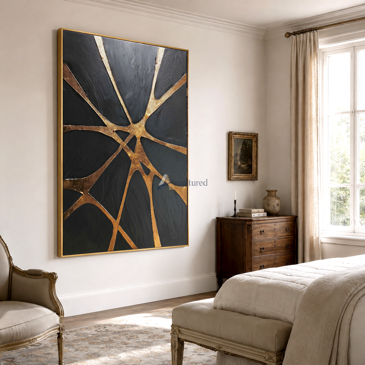 Golden Convergence — Black and Gold Textured Abstract Wall Art#CI260588