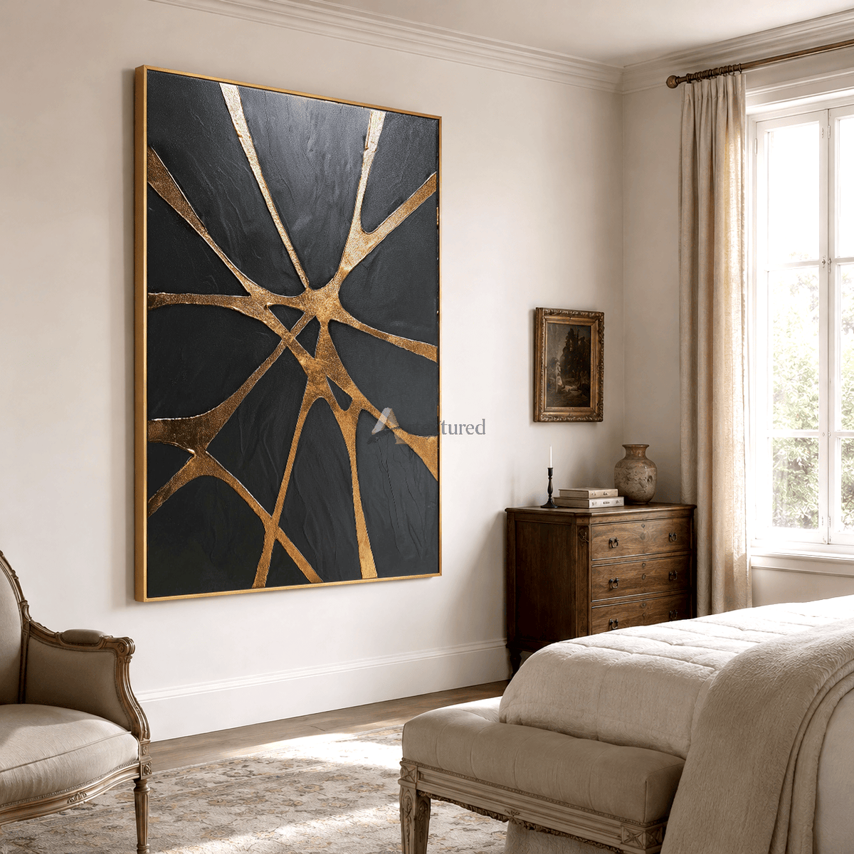 Golden Convergence — Black and Gold Textured Abstract Wall Art#CI260588