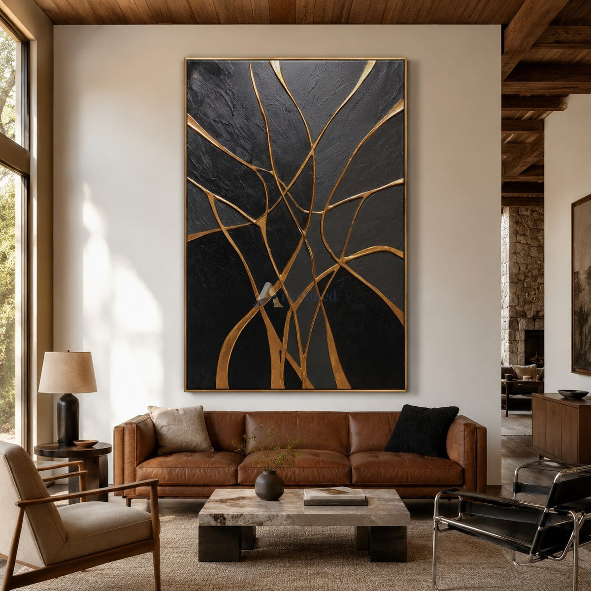 Gilded Connections — Black and Gold Textured Abstract Wall Art#CI260589