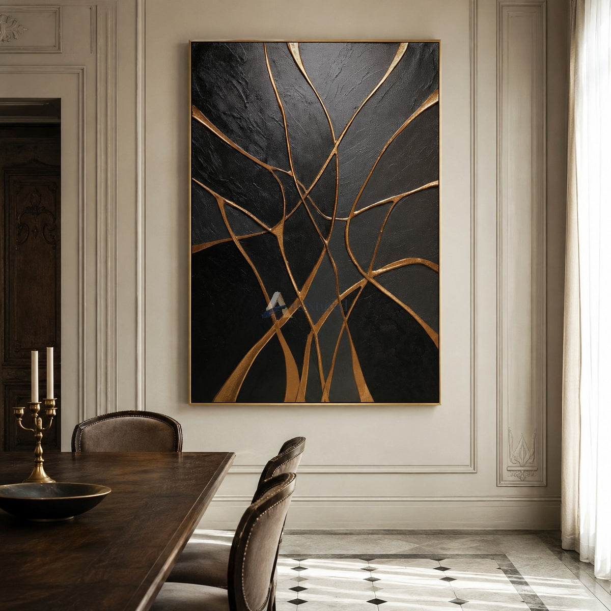 Gilded Connections — Black and Gold Textured Abstract Wall Art#CI260589