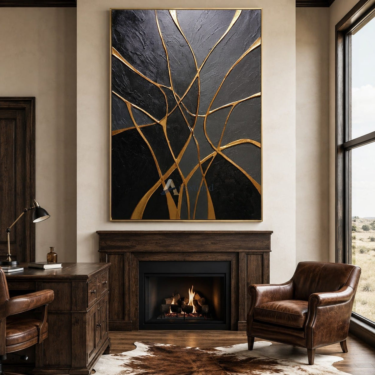 Gilded Connections — Black and Gold Textured Abstract Wall Art#CI260589