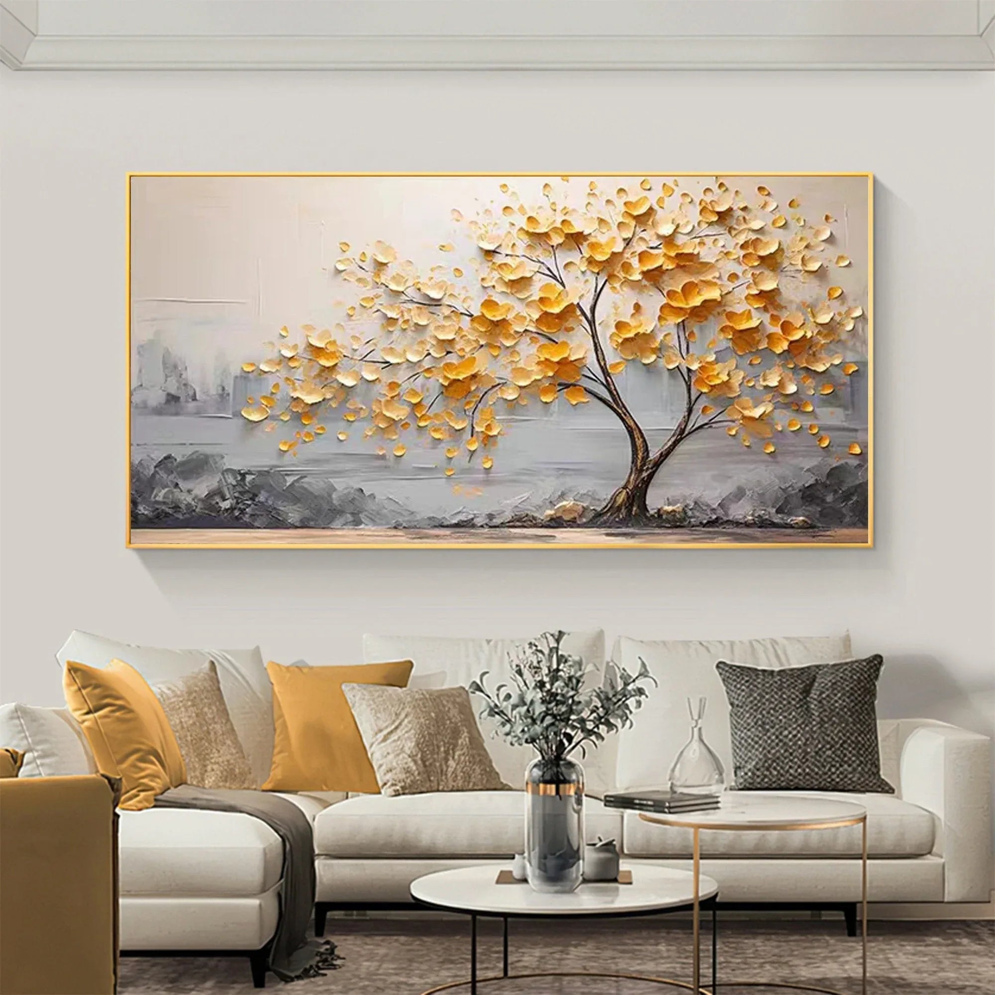 Golden Bloom Tree Painting-Hand Drawn Thick Painted Gold Flower Tree Texture Wall Art - artextured
