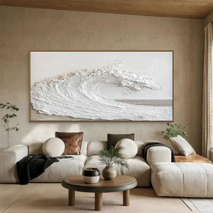 Textured White Ocean Wave-Minimalist 3D Wave Scroll Abstract Oil Painting Wall Art