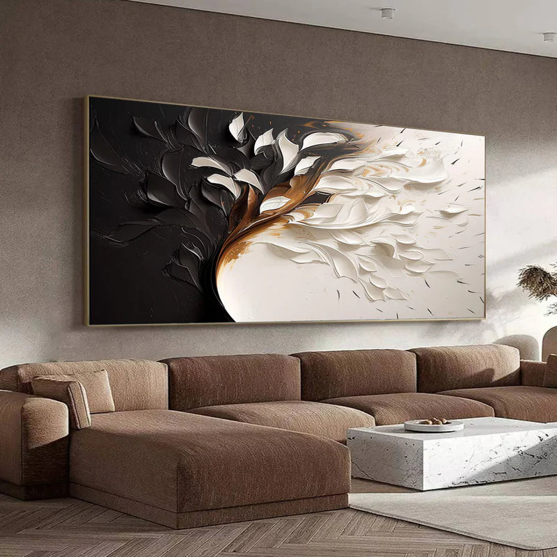 Eclipsed Bloom-Hand drawn 3D Black and White Leaf Abstract Wall Art