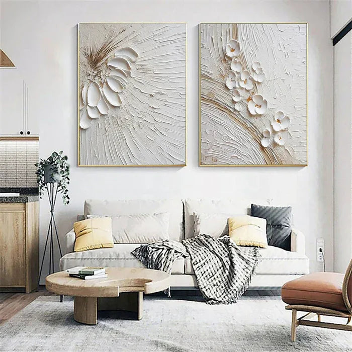 Blossom Harmony Duo Set of 2 - Minimalist Style Gold White Texture Floral Three-Dimensional Wall Art - artextured