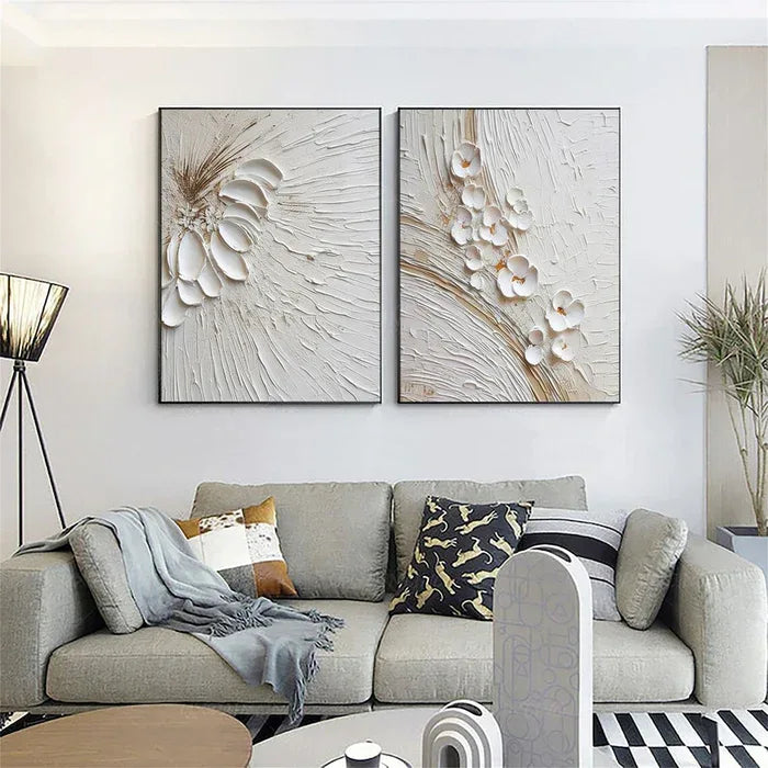 Blossom Harmony Duo Set of 2 - Minimalist Style Gold White Texture Floral Three-Dimensional Wall Art - artextured