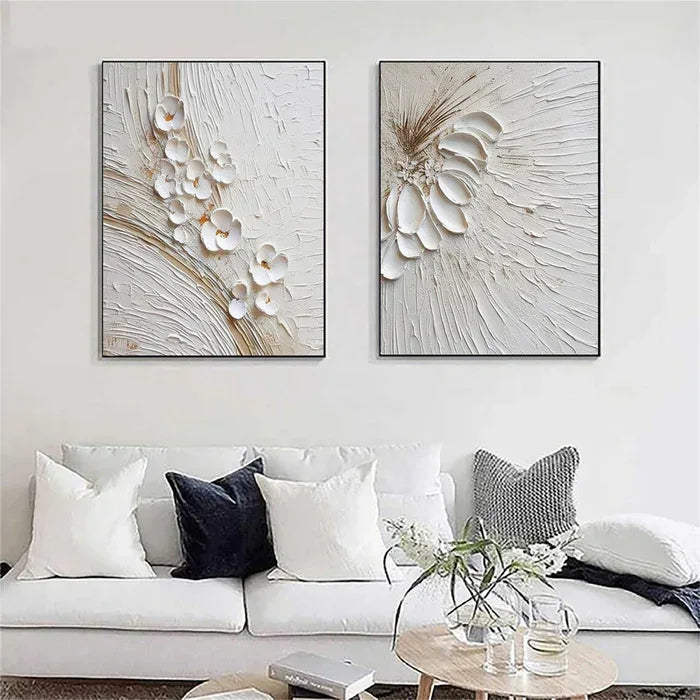 Blossom Harmony Duo Set of 2 - Minimalist Style Gold White Texture Floral Three-Dimensional Wall Art - artextured