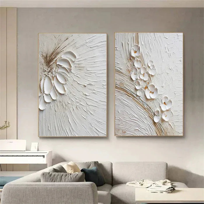 Blossom Harmony Duo Set of 2 - Minimalist Style Gold White Texture Floral Three-Dimensional Wall Art - artextured