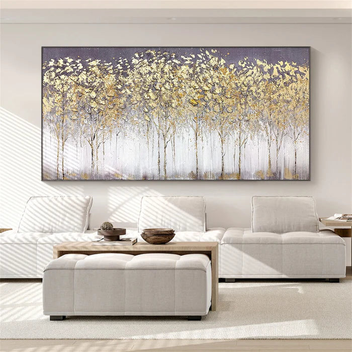 Golden Forest Textured Abstract Oil Painting - Nature-Inspired Art for International