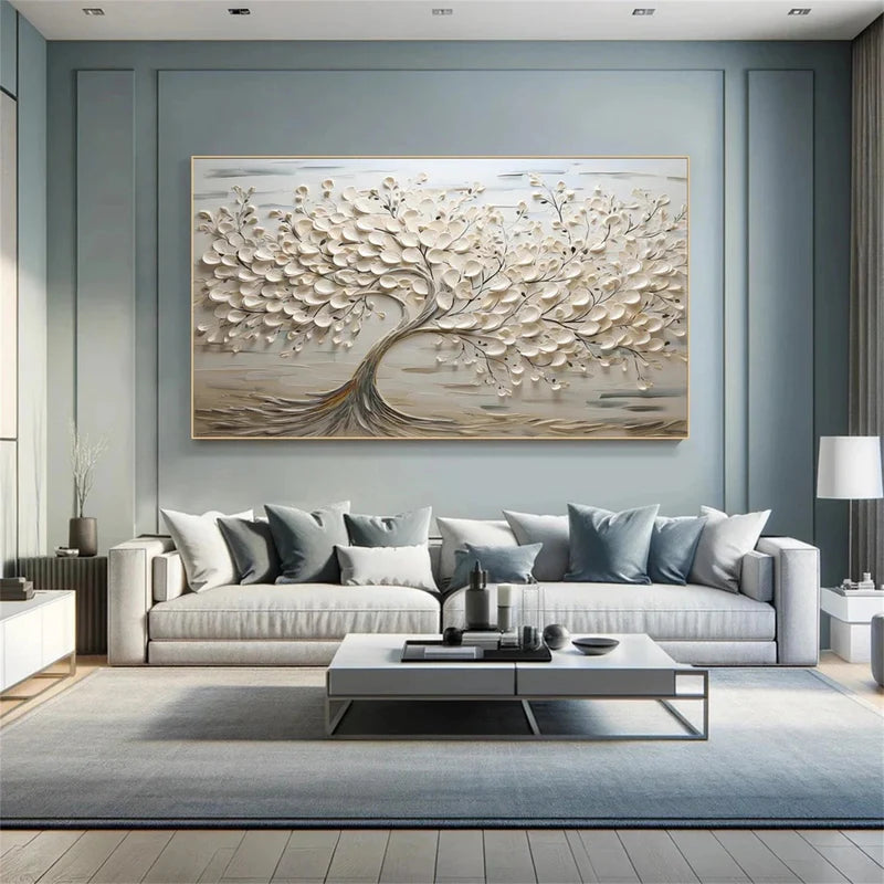 Eternal Bloom Textured Oil Painting – White Tree & Floral Wall Art#AB0519065