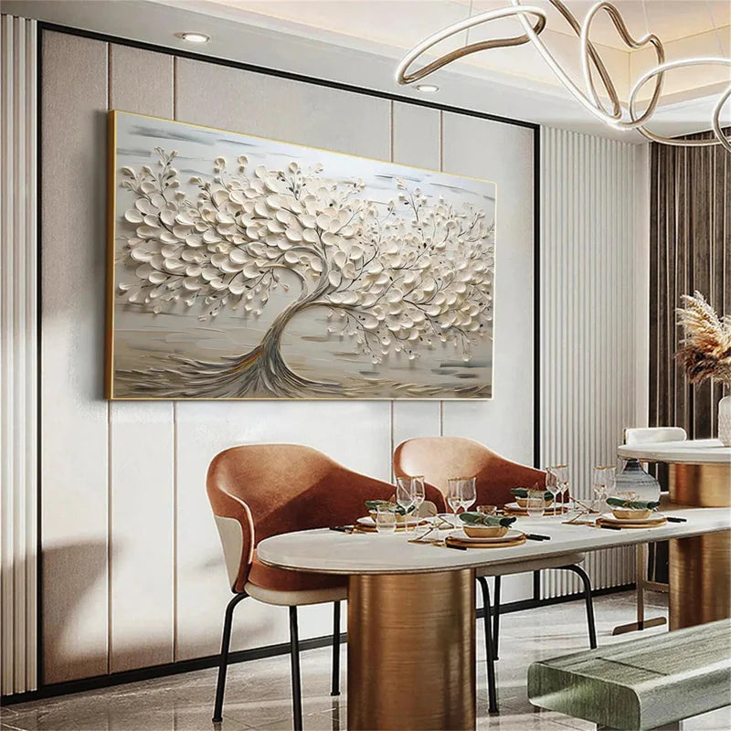 Eternal Bloom Textured Oil Painting – White Tree & Floral Wall Art#AB0519065