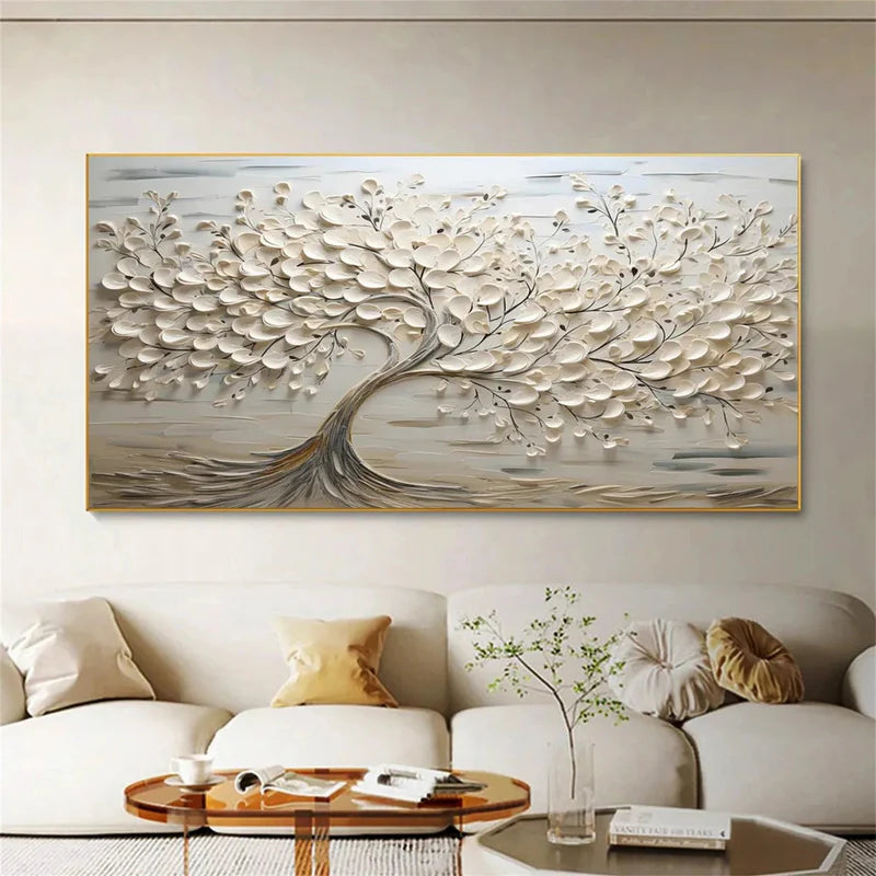 Eternal Bloom Textured Oil Painting – White Tree & Floral Wall Art#AB0519065