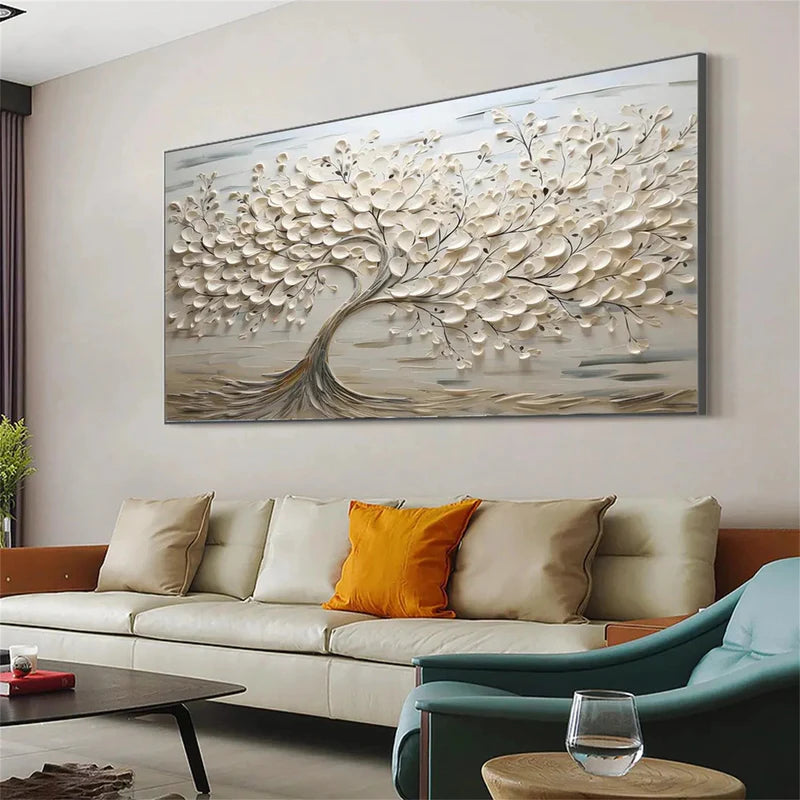 Eternal Bloom Textured Oil Painting – White Tree & Floral Wall Art#AB0519065