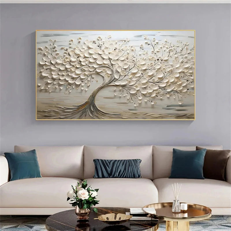 Eternal Bloom Textured Oil Painting – White Tree & Floral Wall Art#AB0519065