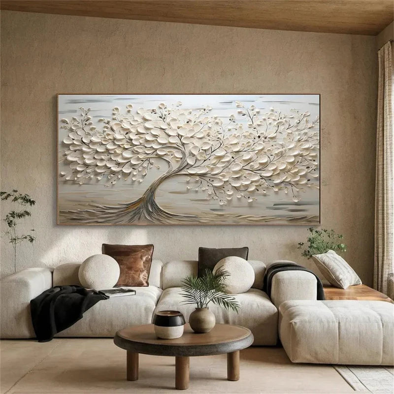 Eternal Bloom Textured Oil Painting – White Tree & Floral Wall Art#AB0519065