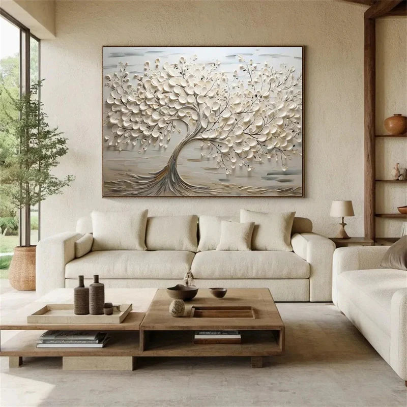 Eternal Bloom Textured Oil Painting – White Tree & Floral Wall Art#AB0519065