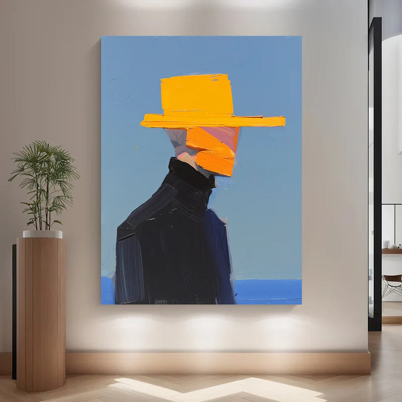 Golden Hat Figure-Hand Drawn Thick Painted Abstract Portrait Wall Art