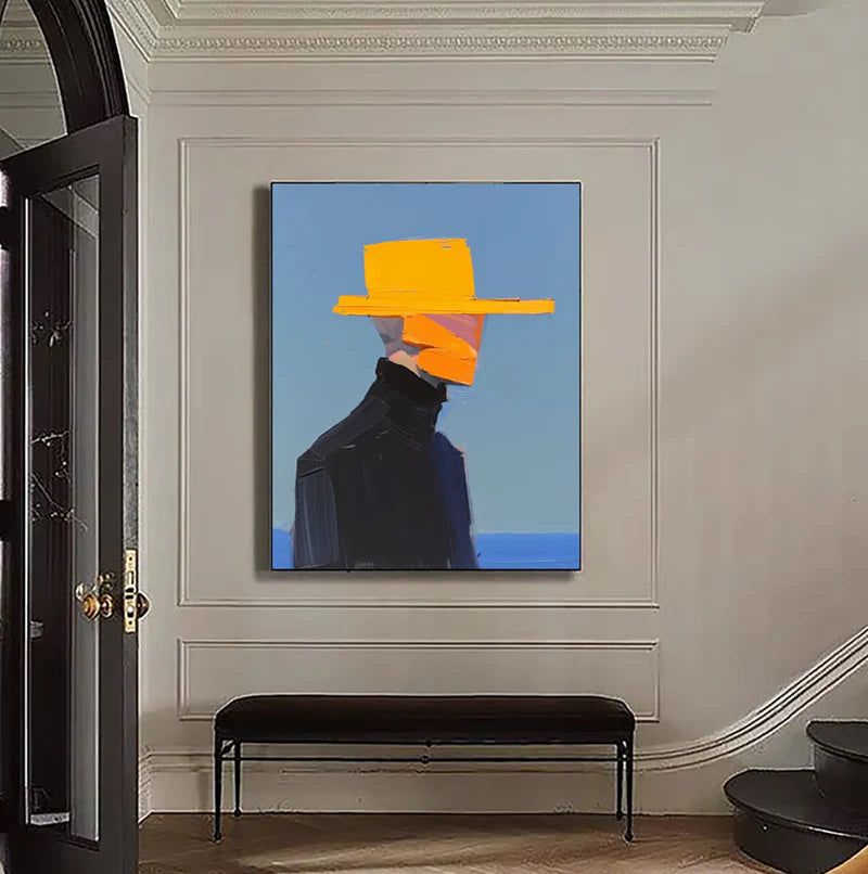 Golden Hat Figure-Hand Drawn Thick Painted Abstract Portrait Wall Art