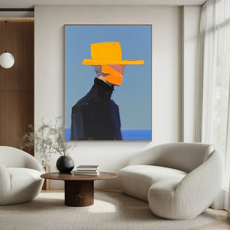 Golden Hat Figure-Hand Drawn Thick Painted Abstract Portrait Wall Art