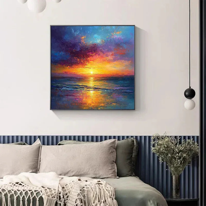 Golden Hour – Vibrant Sunset Seascape Textured Oil Painting - artextured
