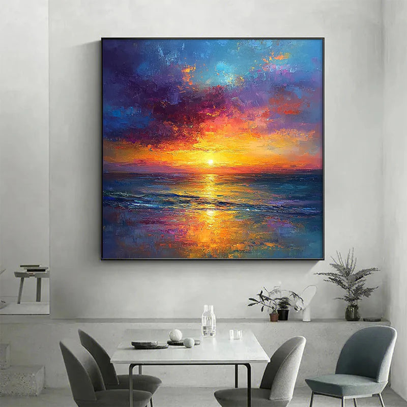 Golden Hour – Vibrant Sunset Seascape Textured Oil Painting