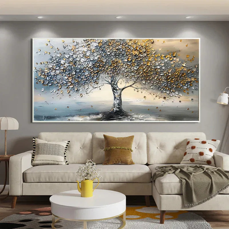 Golden Whisper Tree-Interior Design Hand drawn Gold and Silver 3D Tree Wabi Sabi Texture Wall Art - artextured