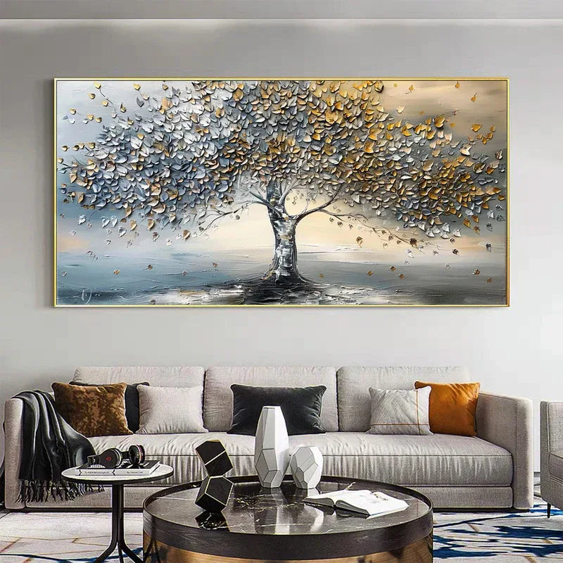 Golden Whisper Tree-Interior Design Hand drawn Gold and Silver 3D Tree Wabi Sabi Texture Wall Art - artextured