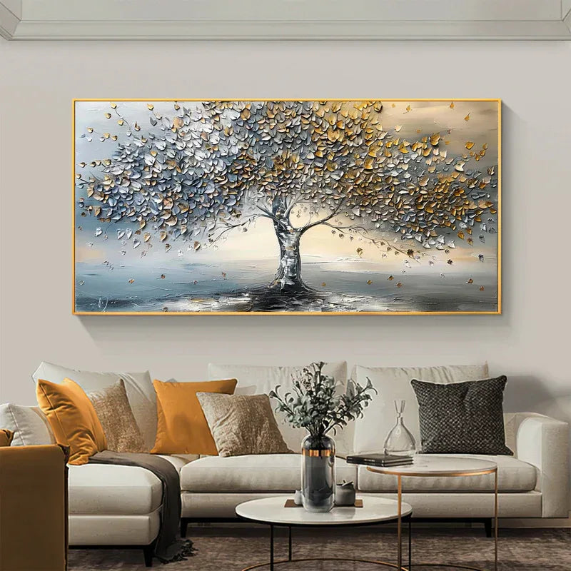 Golden Whisper Tree-Interior Design Hand drawn Gold and Silver 3D Tree Wabi Sabi Texture Wall Art - artextured