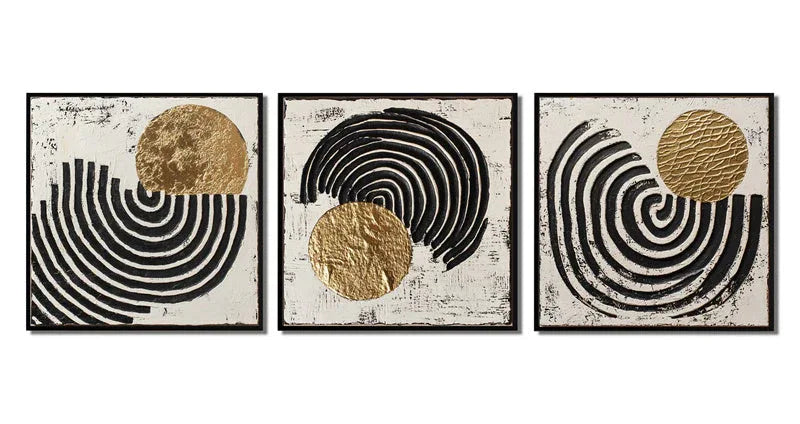 Golden Rhythm - Geometric Textured Abstract Triptych Oil Painting - artextured
