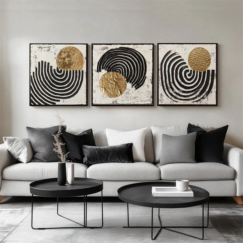 Golden Rhythm - Geometric Textured Abstract Triptych Oil Painting - artextured
