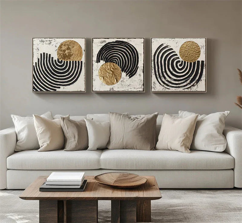 Golden Rhythm - Geometric Textured Abstract Triptych Oil Painting - artextured