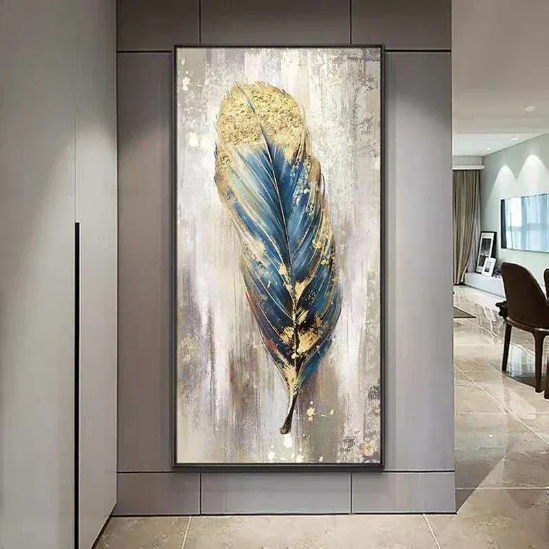 Feather's Grace-Modern Abstract Blue and Gold Feather Texture Oil Painting Wall Art - artextured