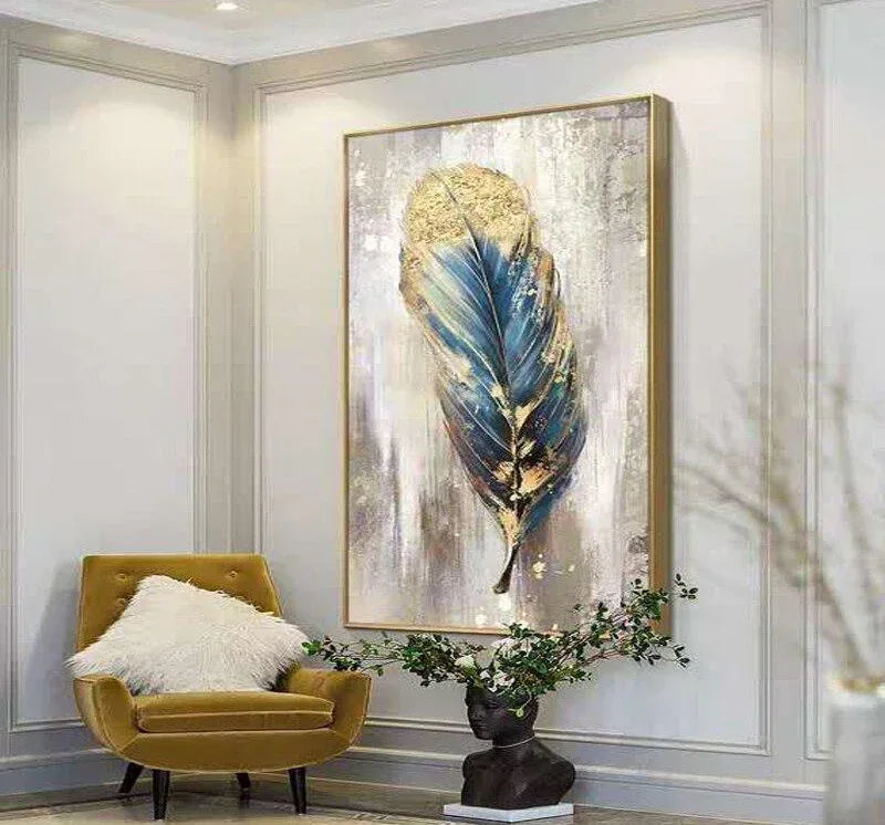 Feather's Grace-Modern Abstract Blue and Gold Feather Texture Oil Painting Wall Art - artextured