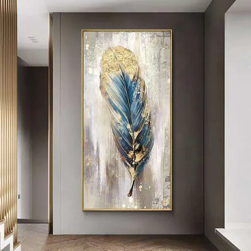 Feather's Grace-Modern Abstract Blue and Gold Feather Texture Oil Painting Wall Art - artextured