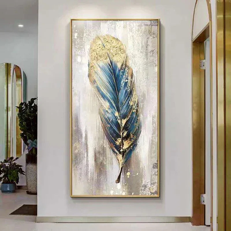 Feather's Grace-Modern Abstract Blue and Gold Feather Texture Oil Painting Wall Art - artextured
