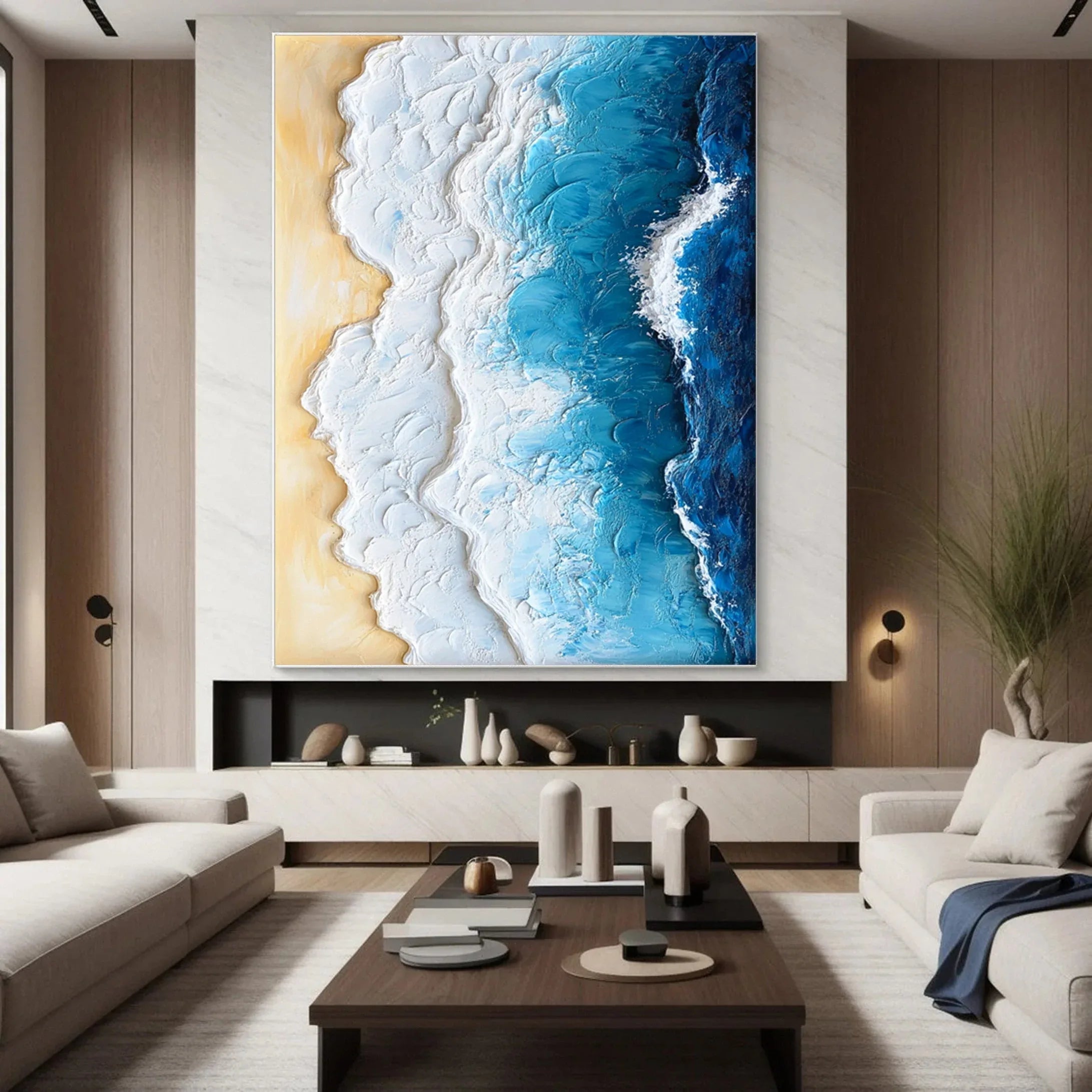 Ocean Edge: Textured Beach and Wave Painting in Blue and Sand Tones for ...