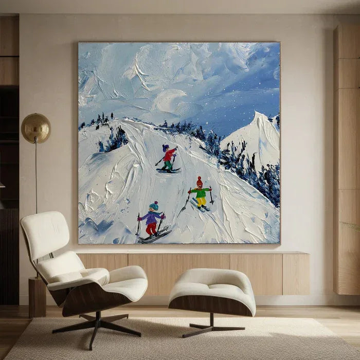 Joy of Winter Slopes - Skiing Theme Textured Oil Painting - artextured
