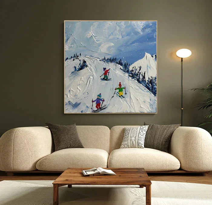 Joy of Winter Slopes - Skiing Theme Textured Oil Painting - artextured
