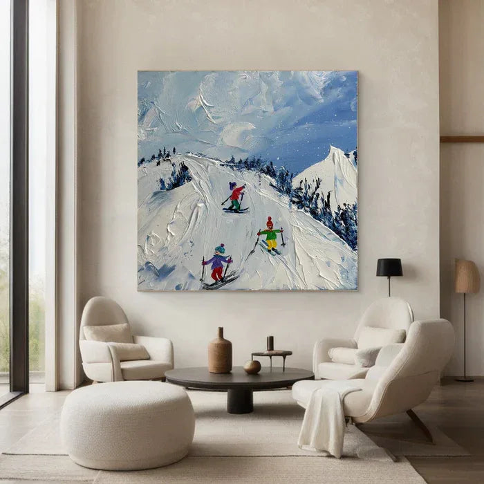 Joy of Winter Slopes - Skiing Theme Textured Oil Painting - artextured