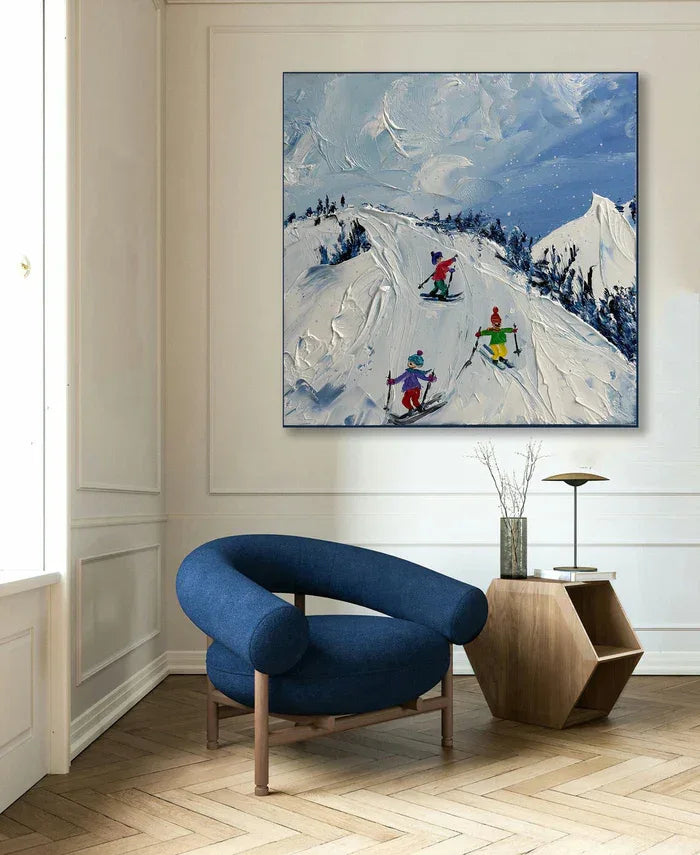 Joy of Winter Slopes - Skiing Theme Textured Oil Painting - artextured