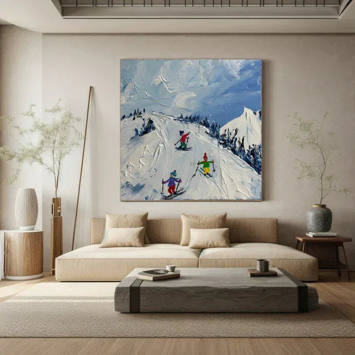 Joy of Winter Slopes - Skiing Theme Textured Oil Painting - artextured