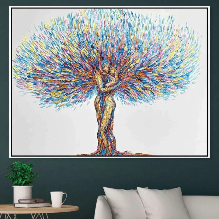 Love Under the Tree-Love and Tree Symbiotic Embrace Abstract Texture Oil Painting Wall Art