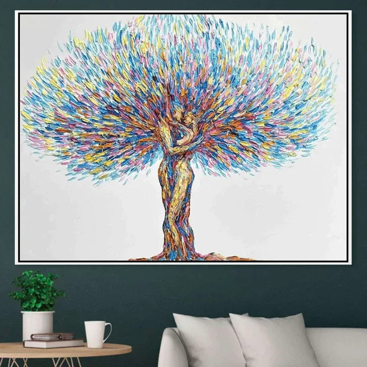 Love Under the Tree-Love and Tree Symbiotic Embrace Abstract Texture Oil Painting Wall Art - artextured