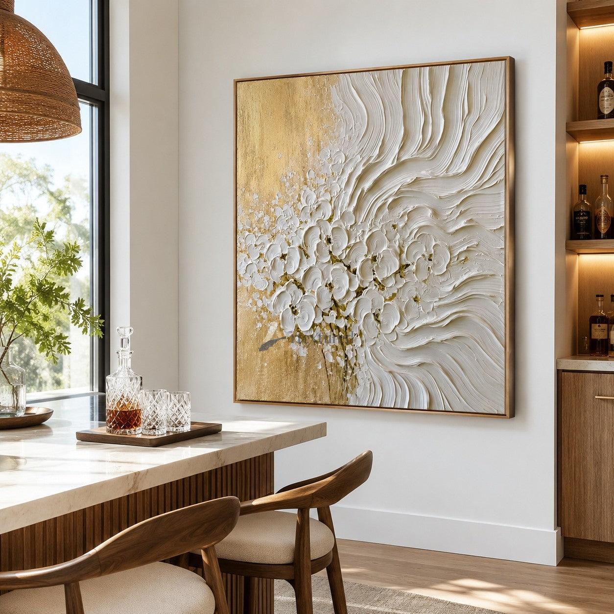 Ivory Gold 3D Floral Textured Wall Art#LL20260032