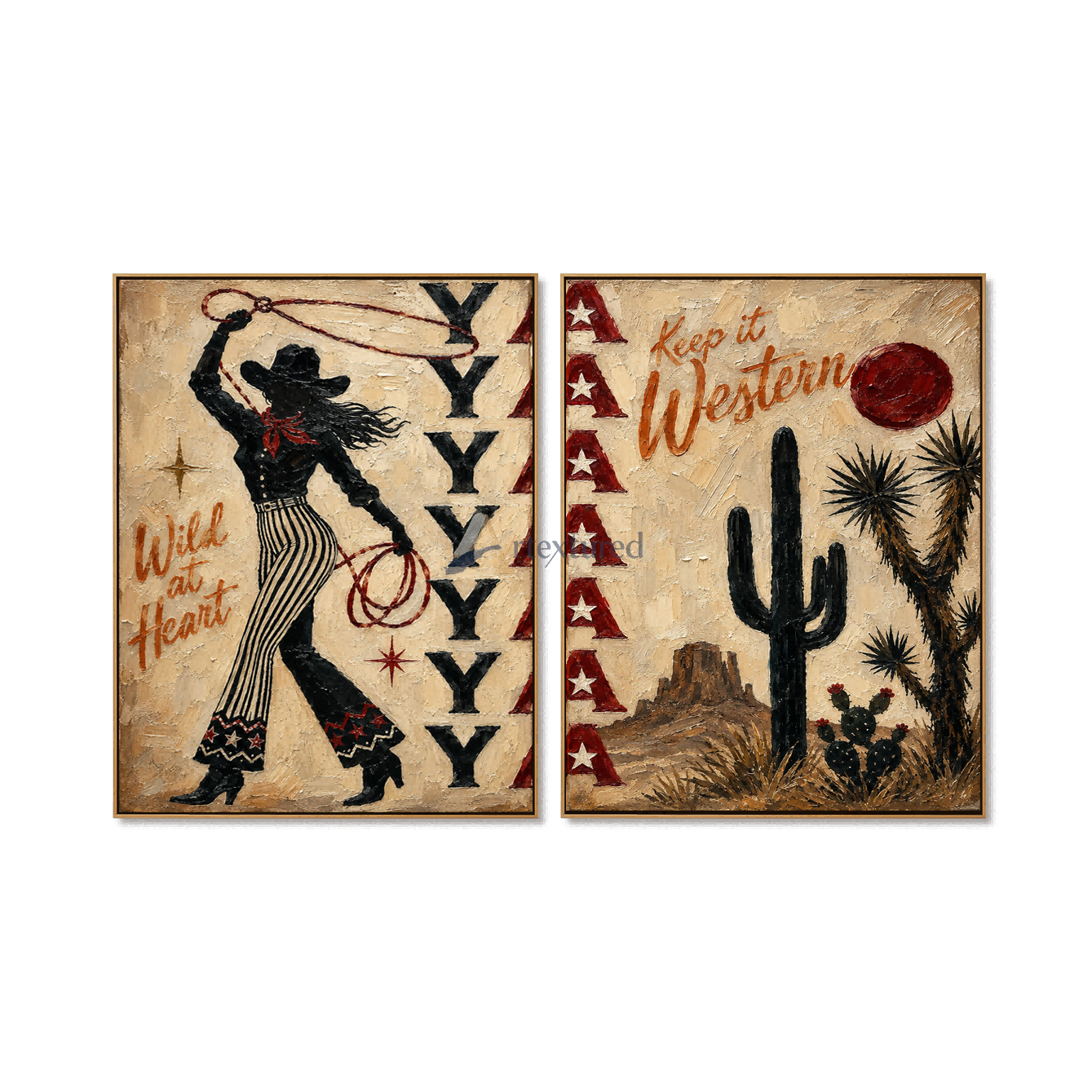 Western Cowgirl Wall Art Set – Rustic Desert Canvas Painting#LL20260034