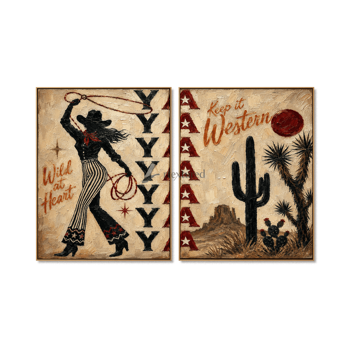 Western Cowgirl Wall Art Set – Rustic Desert Canvas Painting#LL20260034