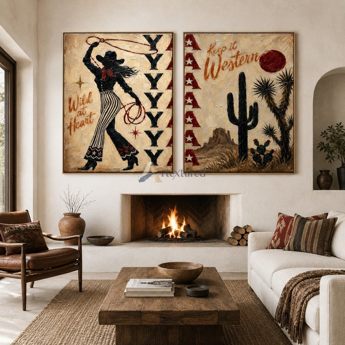 Western Cowgirl Wall Art Set – Rustic Desert Canvas Painting#LL20260034
