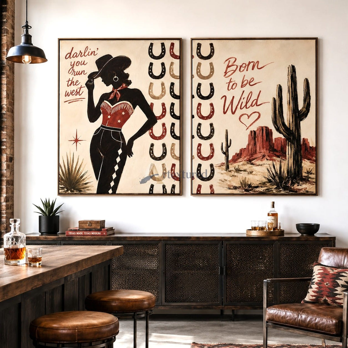 Western Cowgirl Wall Art Set – Vintage Desert Canvas Painting#LL20260036